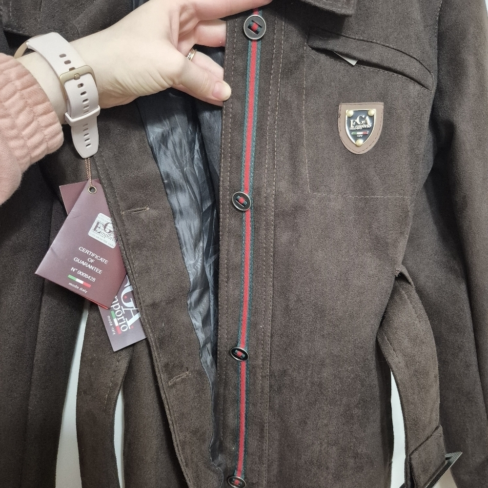 NWT EGA Emporio Women's Quiet Luxury Brown Faux Suede Belted Jacket Size L - Picture 11 of 13